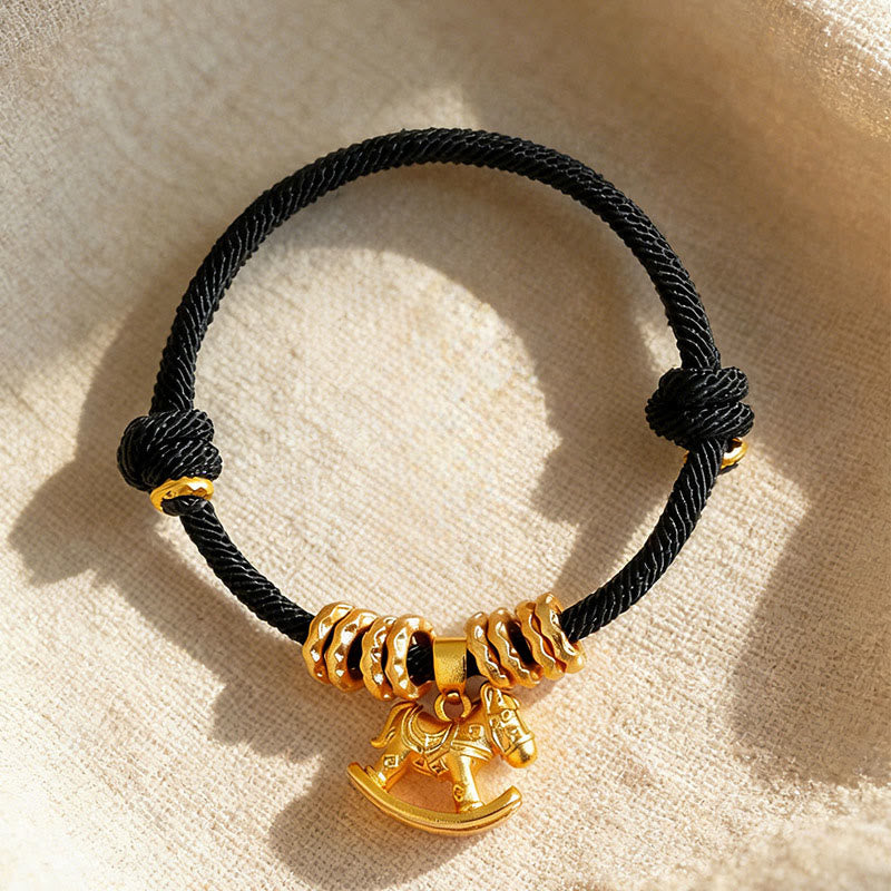 Armband Jahr Des Pferdes Pferd Anhänger goldfarben schwarzes Seil Glücksbringer