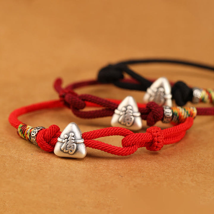 Armband 925 Silber Fu-Zeichen Zongzi rote schwarze Kordel Glück Schutz