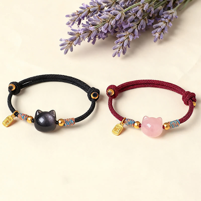 Armband Silber Obsidian Kristall Fu-Zeichen Schutz Katzenform Paar Lavendel