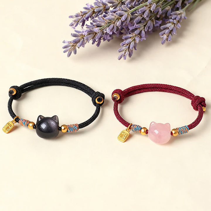 Armband Silber Obsidian Kristall Fu-Zeichen Schutz Katzenform Paar Lavendel