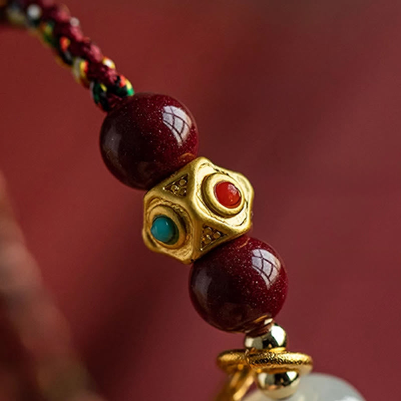Armband Weiße Jade Cyan Jade Glück Wohlstand Goldperle rote Schnur Detail