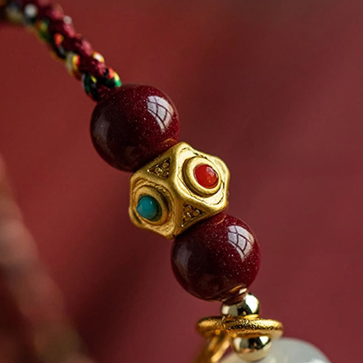 Armband Weiße Jade Cyan Jade Glück Wohlstand Goldperle rote Schnur Detail