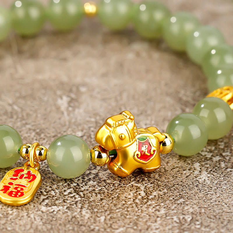 Armband Jade Jahr Des Pferdes – Fülle goldenes Pferd Anhänger Glück