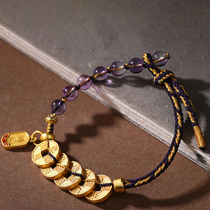 Armband Amethyst Zinnober Balance Glück Münzen Anhänger geflochten Schutz