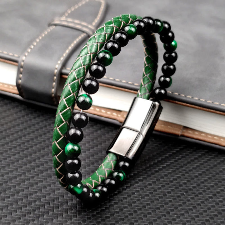Armband Grünes Tigerauge Leder – Stärke Green Tiger Eye Leather(Wrist Circumference: 19cm)