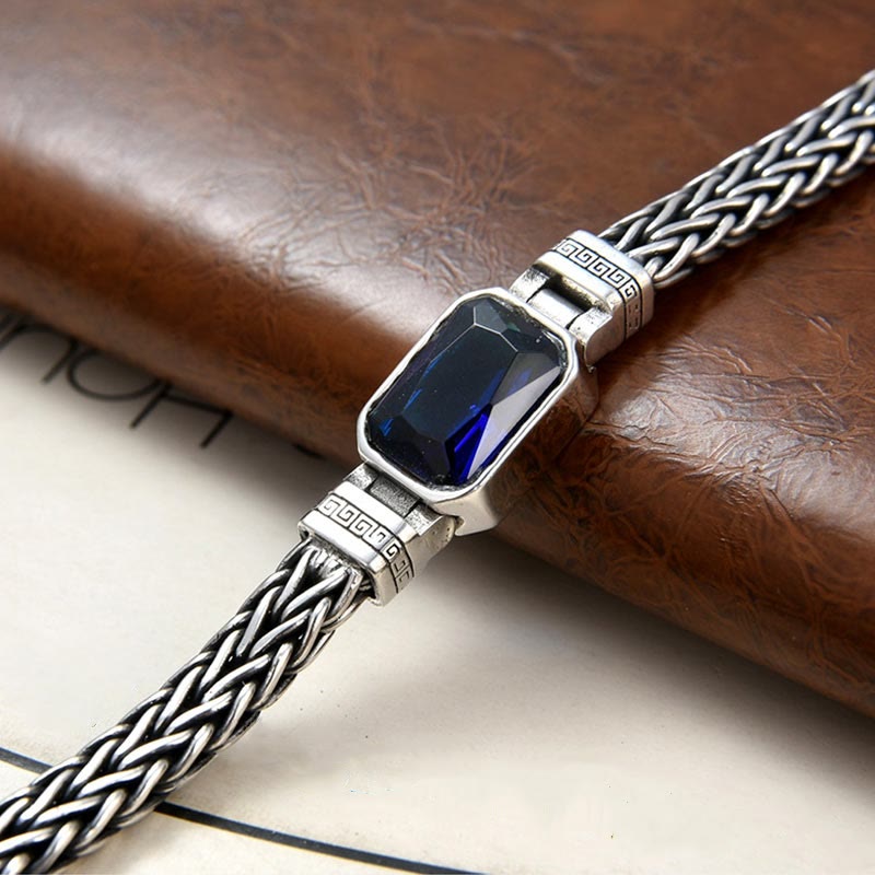 Armband Drachen Heilung Wohlstand Silber geflochten blauer Saphir Stein