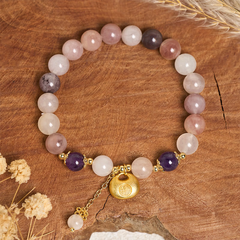 Armband Jade Fu-Zeichen rosa Perlen goldener Anhänger Glück Schutz Handgelenk