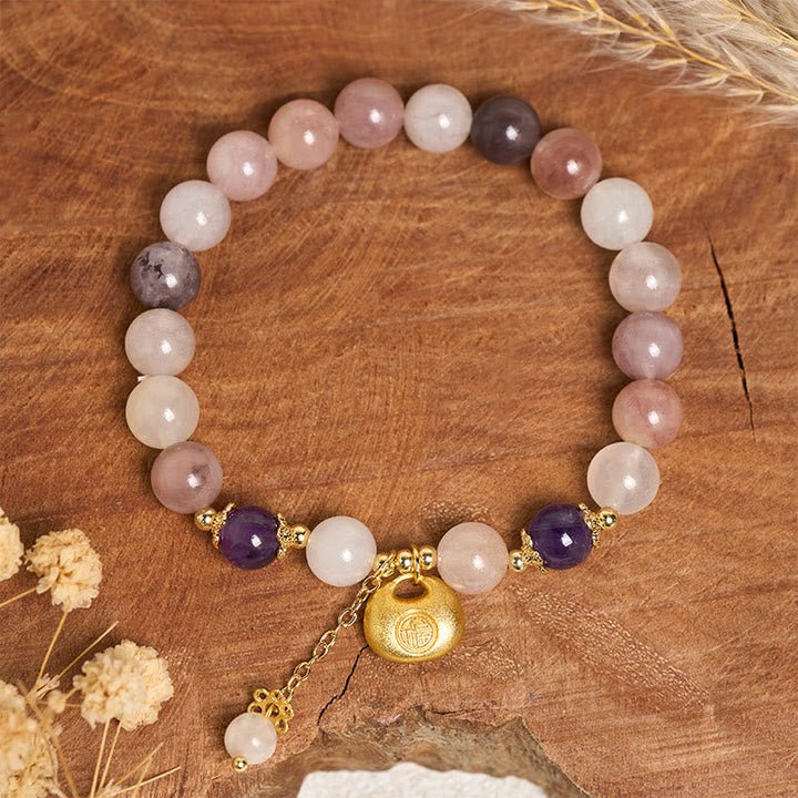 Armband Jade Fu-Zeichen rosa Perlen goldener Anhänger Glück Schutz Handgelenk
