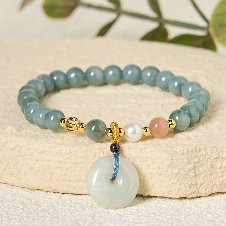 Armband Jade Friedensknoten Glück Frieden mit Perle und Mondstein am Stein