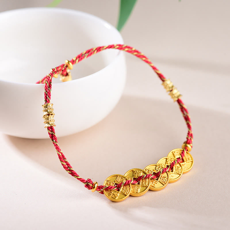 Armband Kupfer Fünf Kaiser – Balance mit rotem geflochtenem Band Glücksmünzen