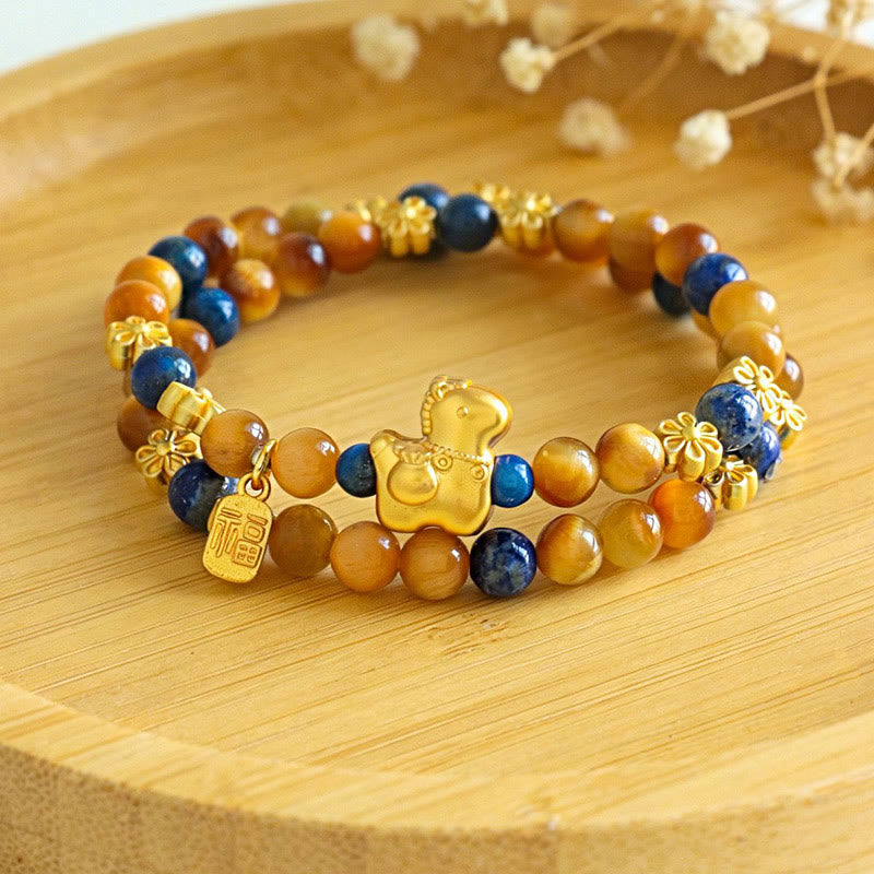 Armband Lapislazuli Tigerauge Fu-Zeichen Pixiu goldene Perlen Bambusschale