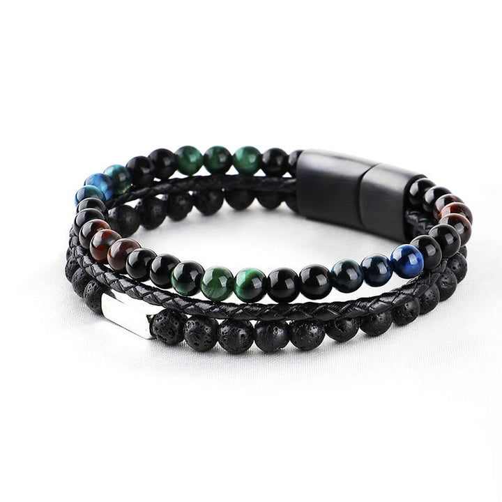 Armband Lavastein Tigerauge Stärke Leder Edelstahl Magnetverschluss Herren Schmuck