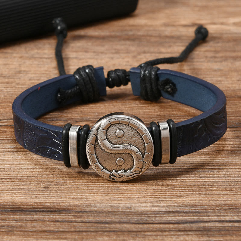 Armband Leder Drache Yin Yang – Balance SteelBlue Leather(Wrist Circumference: 15-20cm)