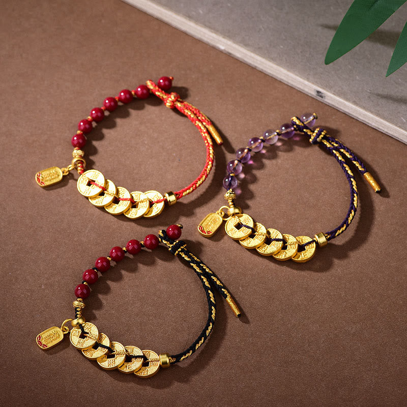 Armband Amethyst Zinnober Balance Glück Kupfermünzen geflochten Handgelenk Schmuck