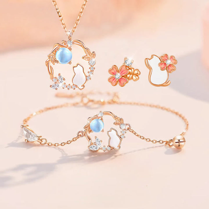 Armband 925 Silber Blume Segen Energie Katze Mondstein rosa Schmuckset