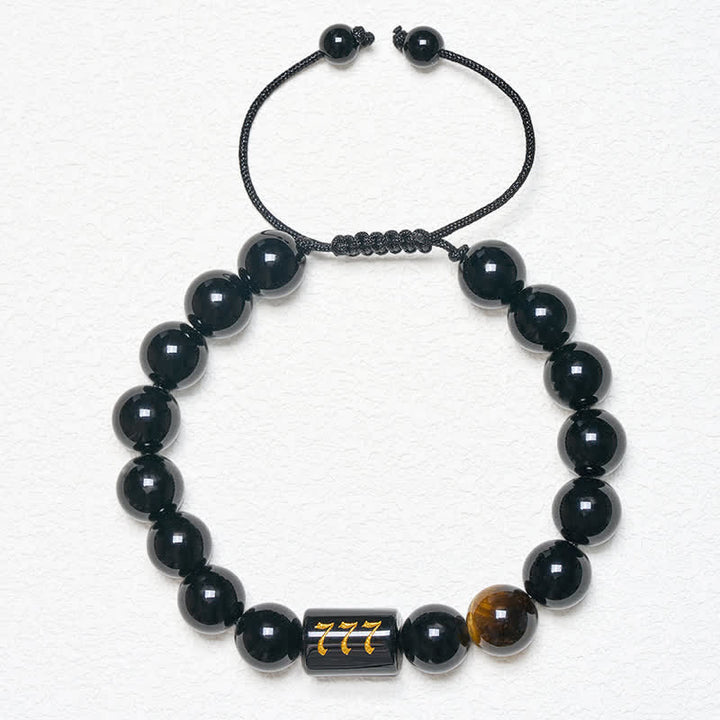 Armband Schwarzer Obsidian Tigerauge Stärke Segen 777 Perlen Handgelenk Schmuck