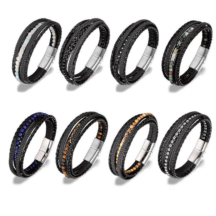Armband Tigerauge Amazonit – Stärke Leder geflochten Edelsteine Magnetverschluss Varianten