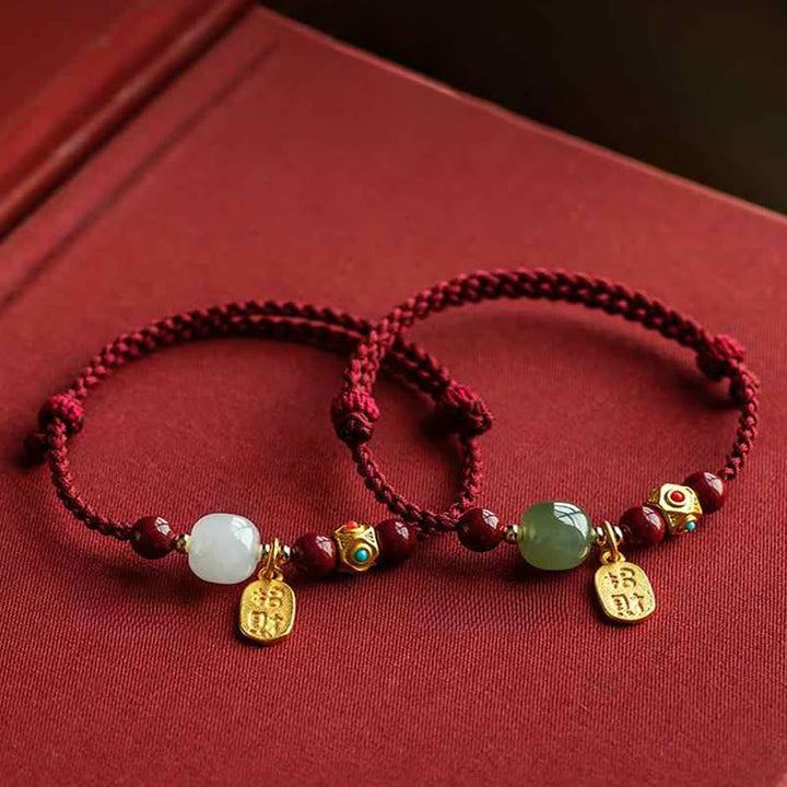 Armband Weiße Jade Cyan Jade Glück Wohlstand rotes Band Goldanhänger