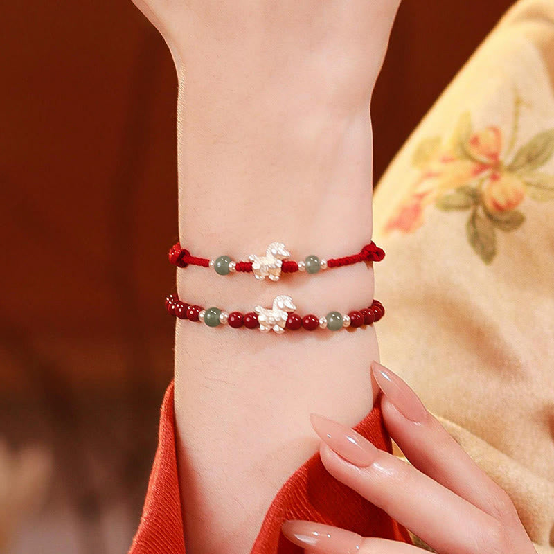 Armband Zinnober Jade Pferd Silber rote Schnur Handgelenk Glück Schutz