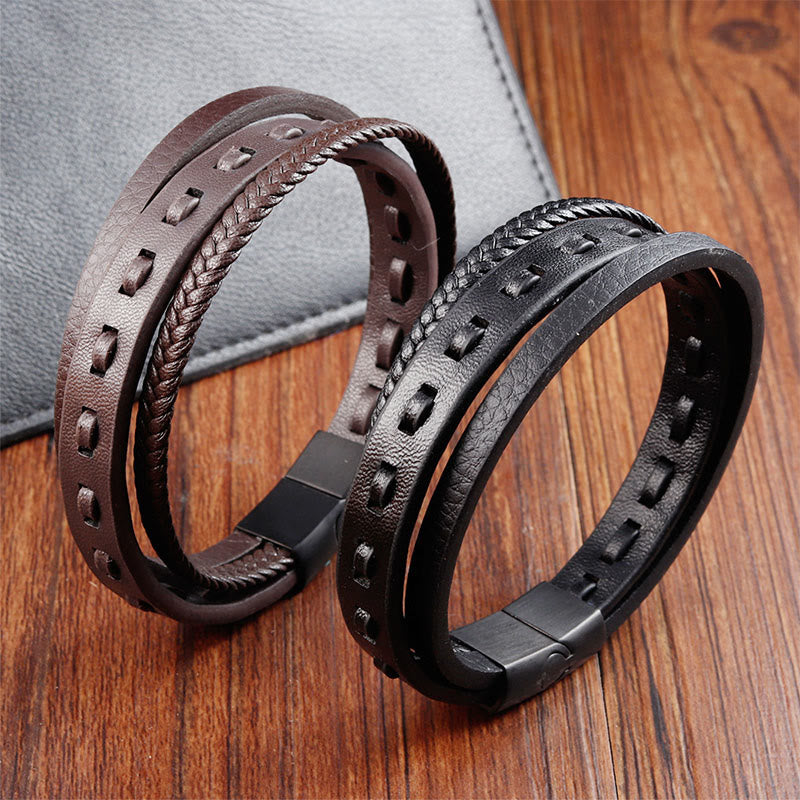 Armband Titanstahl Buckle Layered Geflochten Leder – Ruhe in Braun und Schwarz