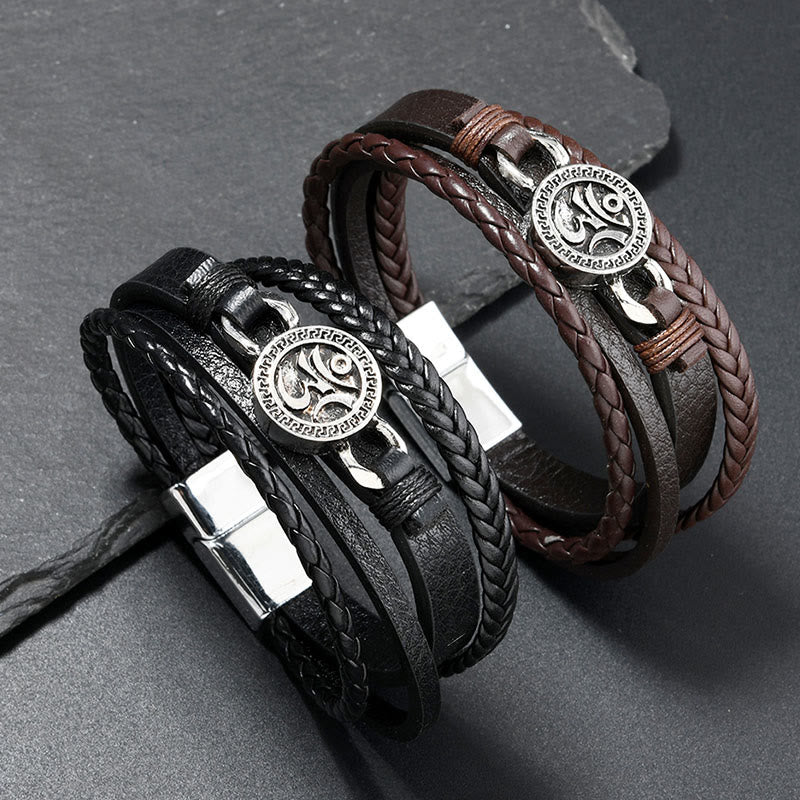 Armband Om Graviert Layered Geflochten aus Leder schwarz braun Handgelenk Schutz