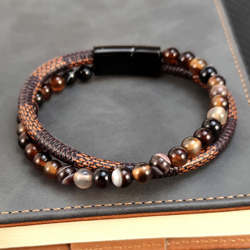 Armband Onyx – Erfolg mit Tigerauge Perlen geflochtenem Leder Magnetverschluss