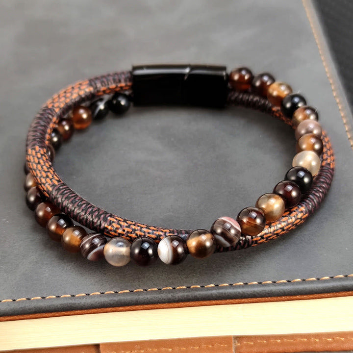 Armband Onyx – Erfolg mit Tigerauge Perlen geflochtenem Leder Magnetverschluss