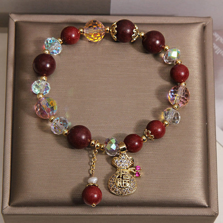 Armband Sandelholz Fu-Zeichen Schutz Glück mit Kristallperlen in Schmuckbox