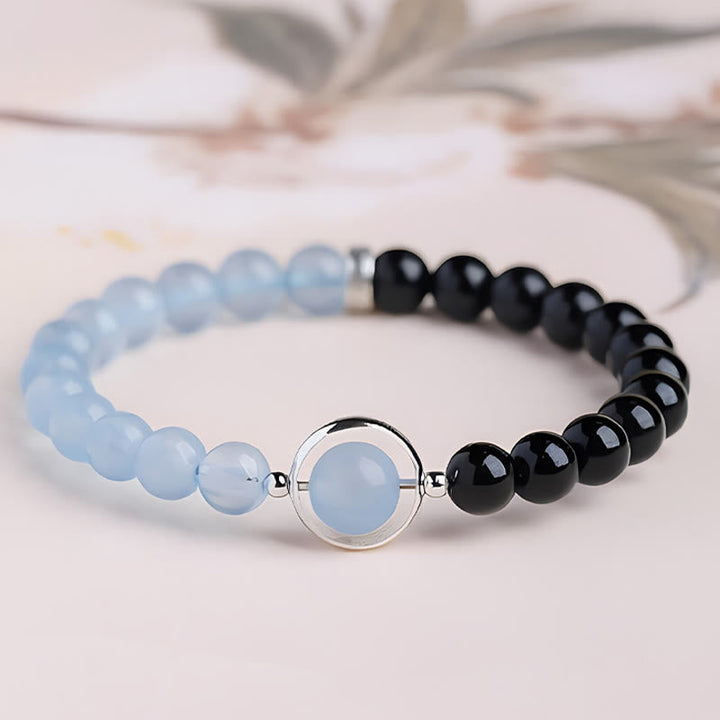 Armband Schwarzer Obsidian Aquamarin Katze – Frieden & Reinigung Single Wrap Bracelet(Wrist Circumference: 14-15cm)