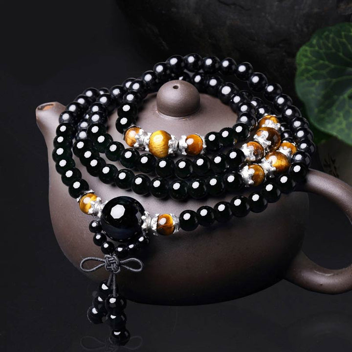 Armband Schwarzer Obsidian Tigerauge Mala