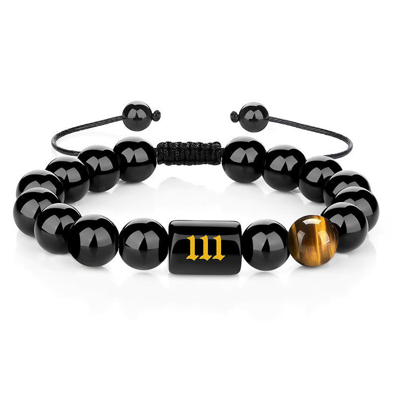Armband Schwarzer Obsidian Tigerauge – Stärke & Segen 111(Wrist Circumference 15-19cm)