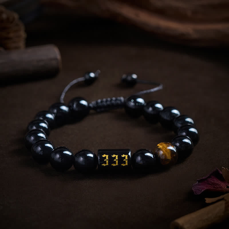 Armband Schwarzer Obsidian Tigerauge Stärke Segen Engelszahl 333 Handgelenk Schmuck