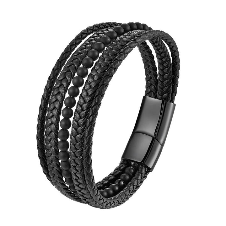 Armband Schwarzer Onyx Glück Harmonie geflochtenes Leder Edelstahl Magnetverschluss