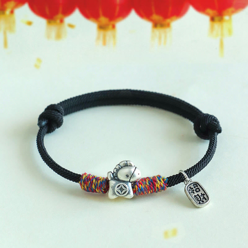 Armband Silber 999 Pferd-Motiv Fu-Zeichen – Glück & Wohlstand Black Rope(Wrist Circumference: 14-19cm)