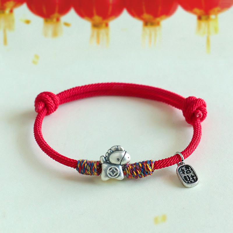 Armband Silber 999 Pferd-Motiv Fu-Zeichen – Glück & Wohlstand Red Rope(Wrist Circumference: 14-19cm)