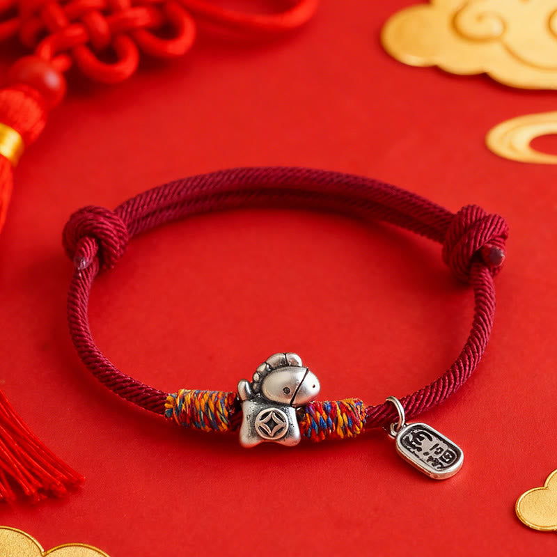 Armband Silber 999 Pferd-Motiv Fu-Zeichen Glück Wohlstand rote Schnur