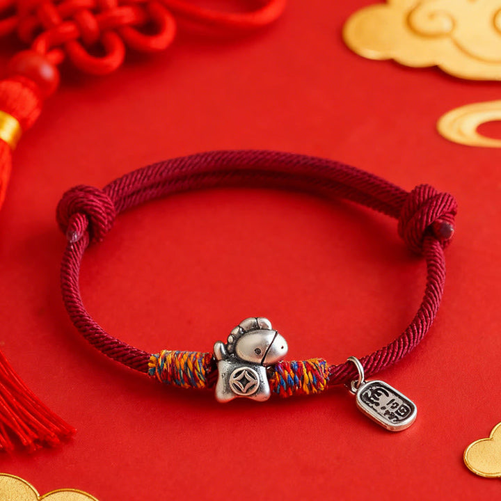 Armband Silber 999 Pferd-Motiv Fu-Zeichen Glück Wohlstand rote Schnur