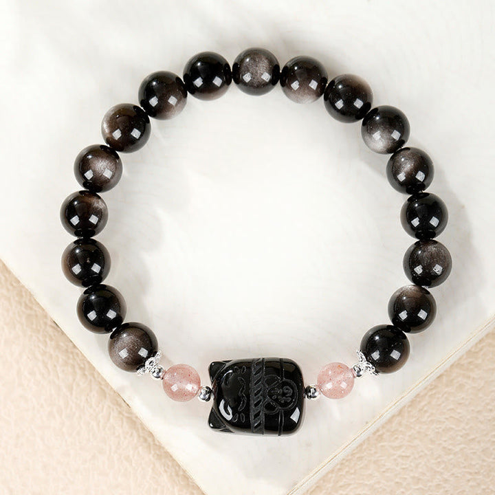 Armband Silber Obsidian Erdbeerquarz Katze – Schutz & Energie
