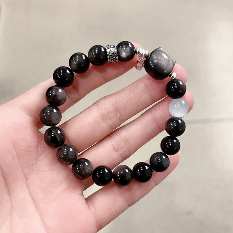 Armband Silber Obsidian Katze – Positivität Silver Sheen Obsidian Bead Size 10mm(Wrist Circumference:14-15cm)