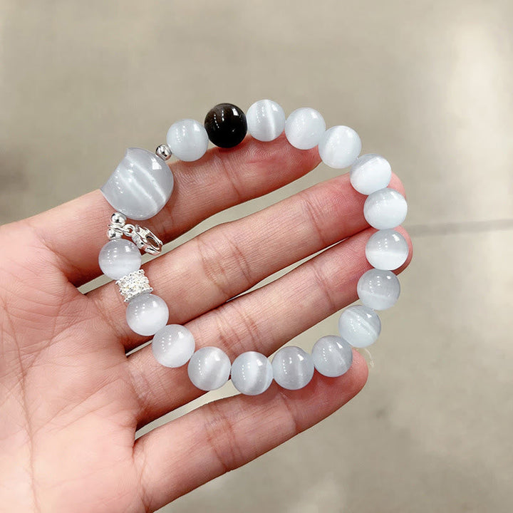 Armband Silber Obsidian Katze – Positivität White Cat's Eye Bead Size 10mm(Wrist Circumference:14-15cm)