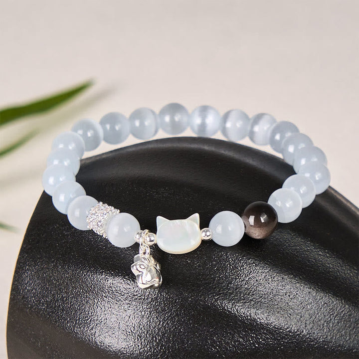 Armband Silber Obsidian Katze – Positivität White Cat's Eye Bead Size 8mm(Wrist Circumference:14-15cm)