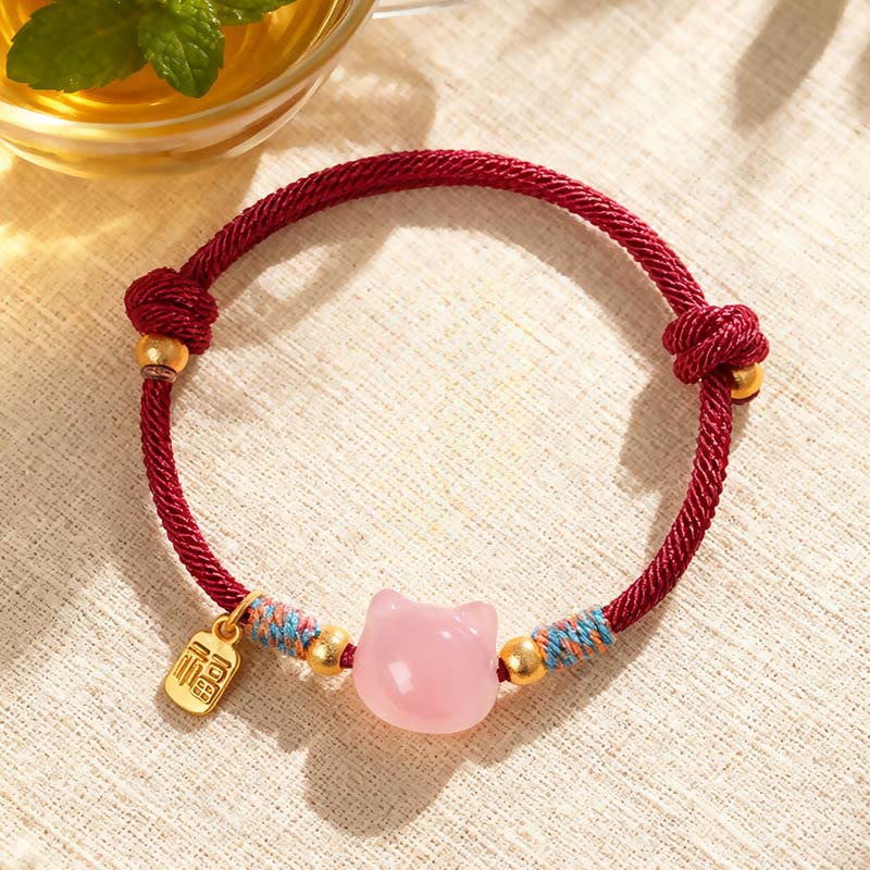 Armband Silber Obsidian Kristall Fu-Zeichen – Schutz Pink Crystal Red Rope(Wrist Circumference:15-18cm)