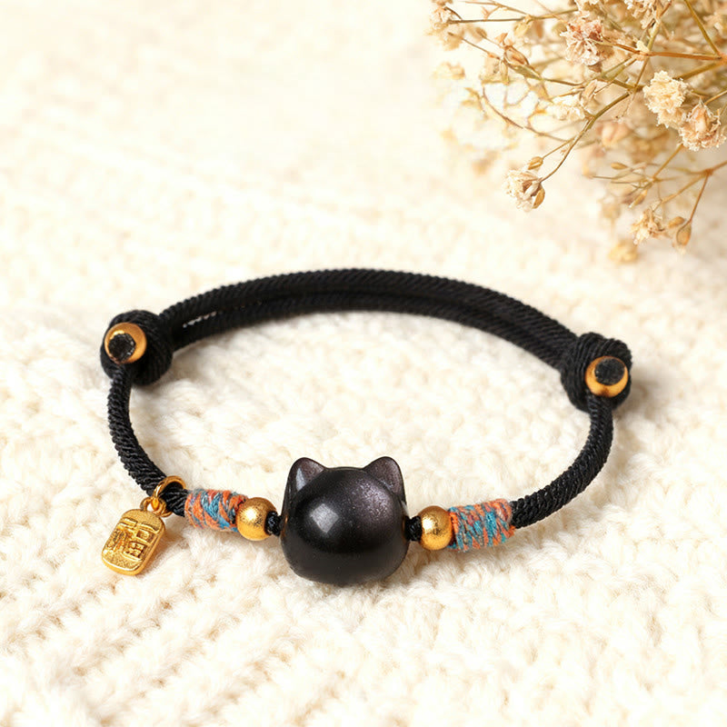 Armband Silber Obsidian Kristall Fu-Zeichen – Schutz Silver Sheen Obsidian Black Rope(Wrist Circumference:15-18cm)