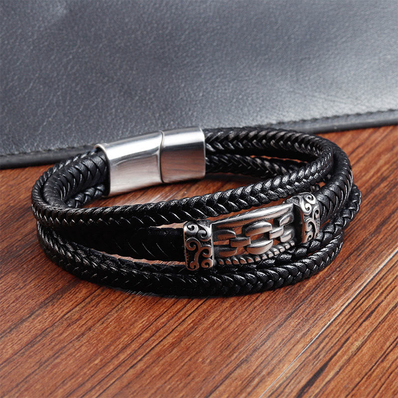 Schwarzes Leder Armband Chain Link Balance mit Metallketten Verschluss