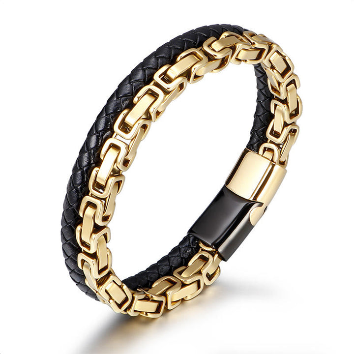 Armband Leder Link Chain Balance schwarz gold Edelstahl Magnetverschluss Herren
