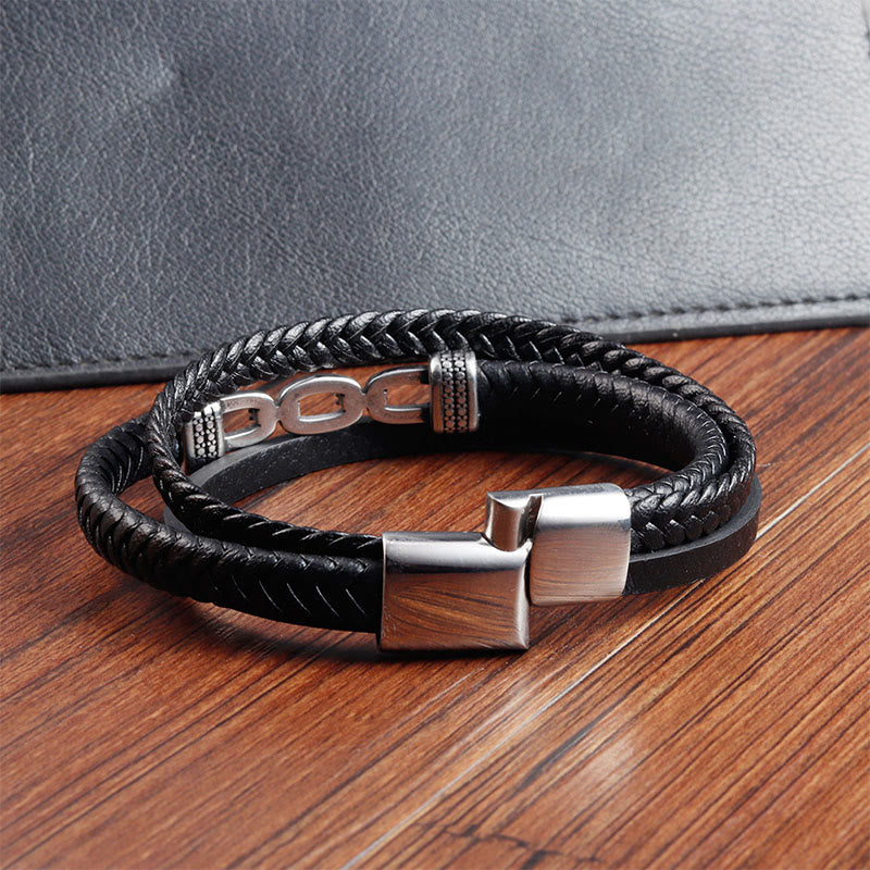 Armband Chain Link Titanstahl Leder schwarze Lederkette mit Kettengliedern Stärke