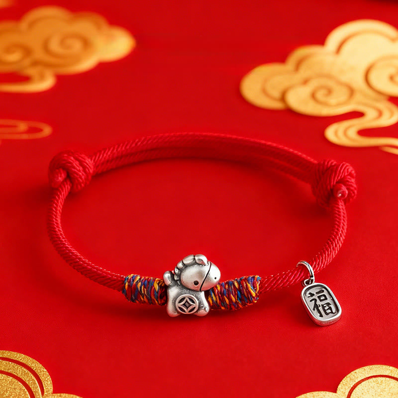 Armband Silber 999 Pferd-Motiv Fu-Zeichen Glück Wohlstand rotes Band