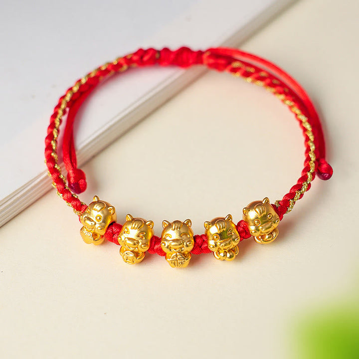 Armband 925 Silber Fu-Zeichen Wohlstand rote Kordel goldene Tiger Perlen