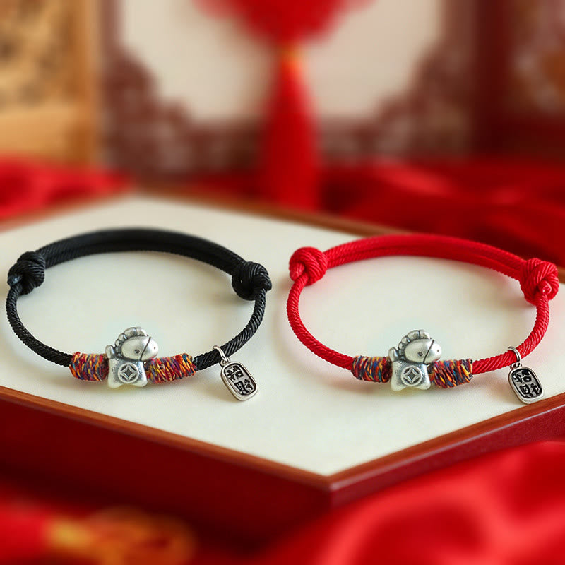 Armband Silber 999 Pferd-Motiv Fu-Zeichen Glück Wohlstand schwarz rot Schnur