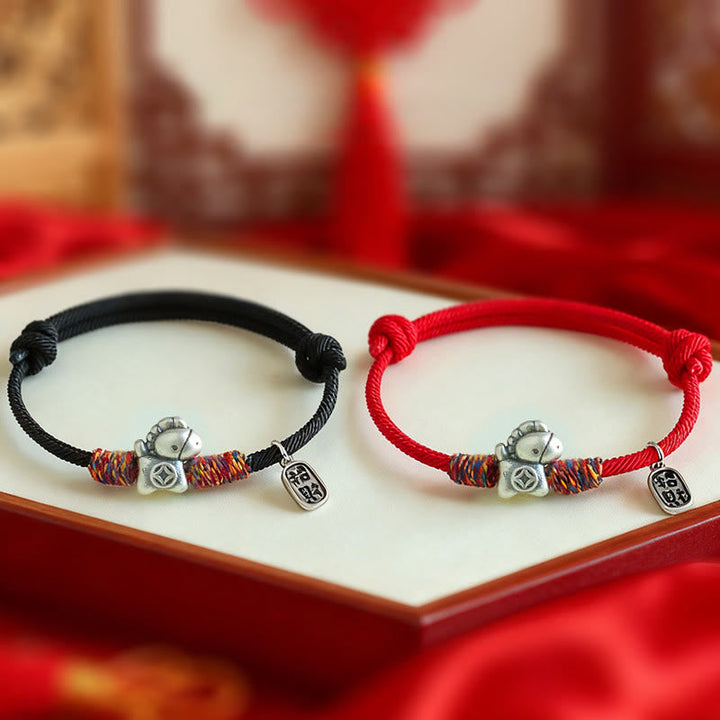 Armband Silber 999 Pferd-Motiv Fu-Zeichen Glück Wohlstand schwarz rot Schnur